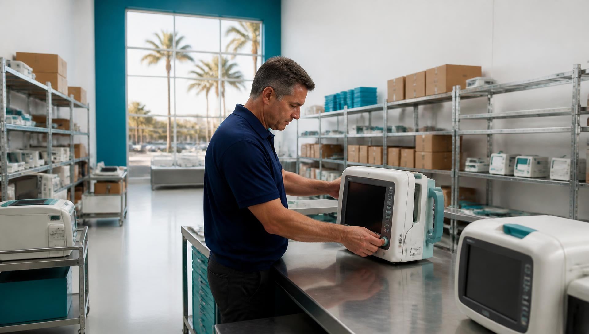 Bayline technician inspecting a patient monitor inside the Tarpon Springs warehouse