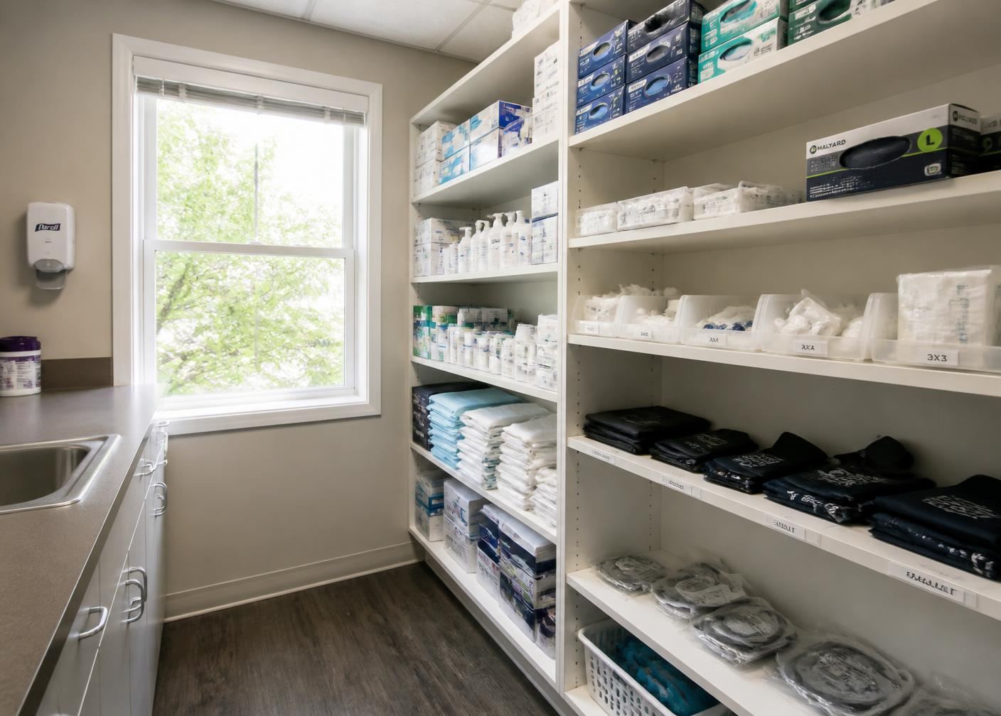 Organized clinic supply room with labeled shelves of gloves, gauze and exam-room consumables