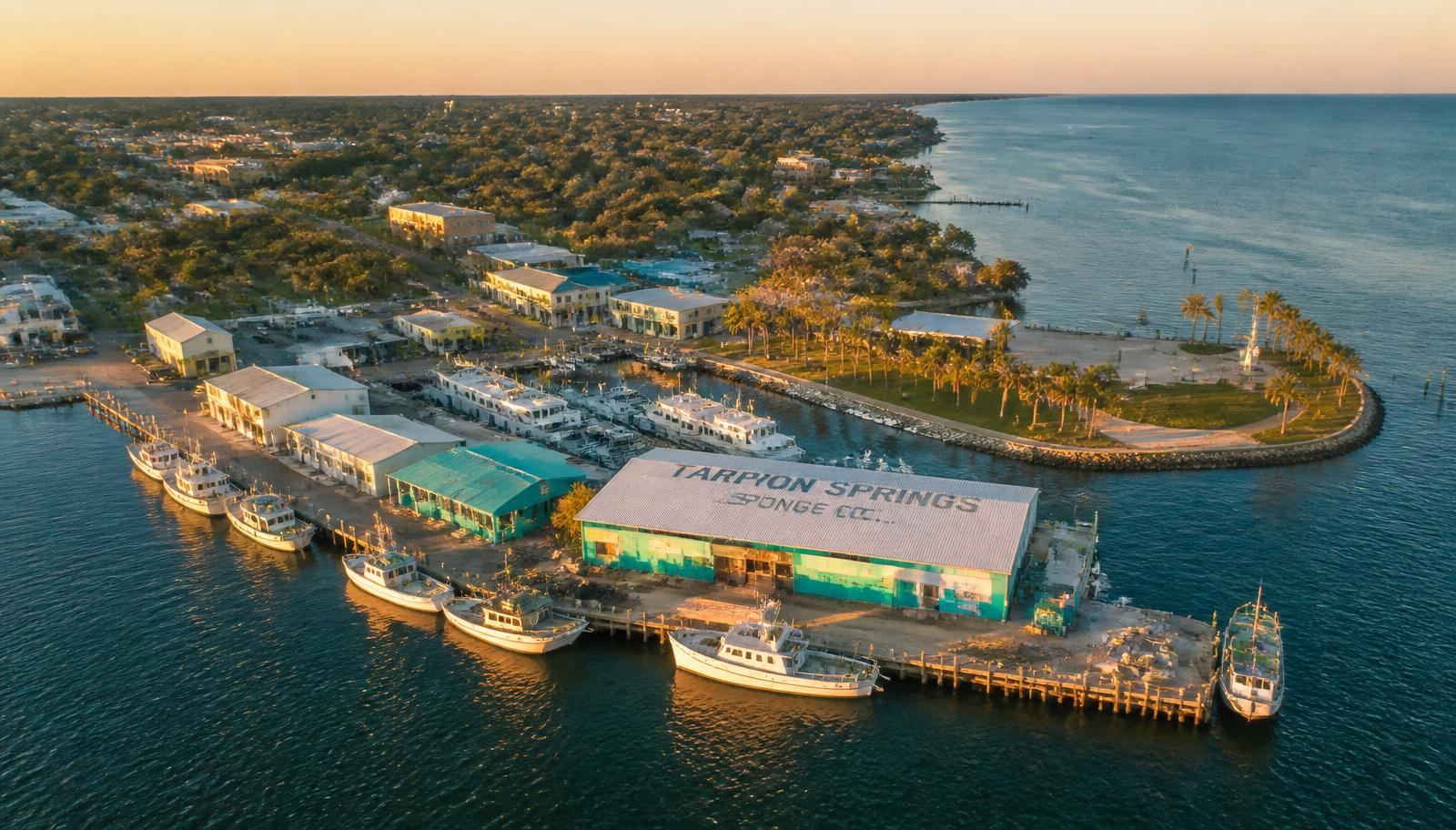 Aerial view of the Tarpon Springs sponge docks and Gulf coastline at sunset